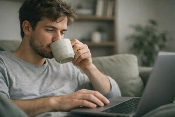 Man using laptop drinking coffee relaxed casual indoor lifestyle