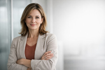 Woman business professional standing confidently with crossed arms indoors