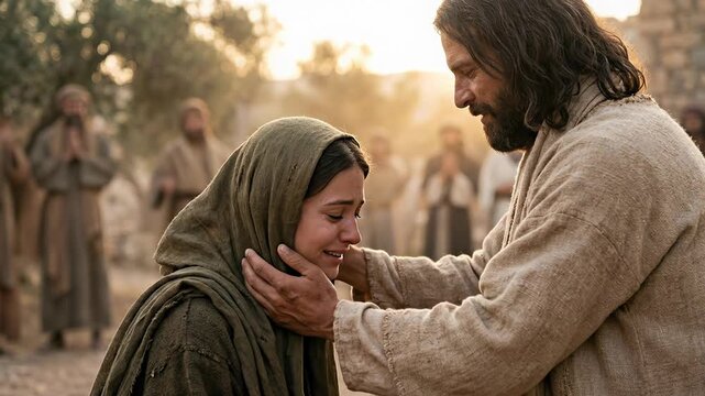 Jesus Christ comforts a weeping woman wearing a headscarf in an ancient village setting during sunset surrounded by a group of onlookers while providing mercy and compassion