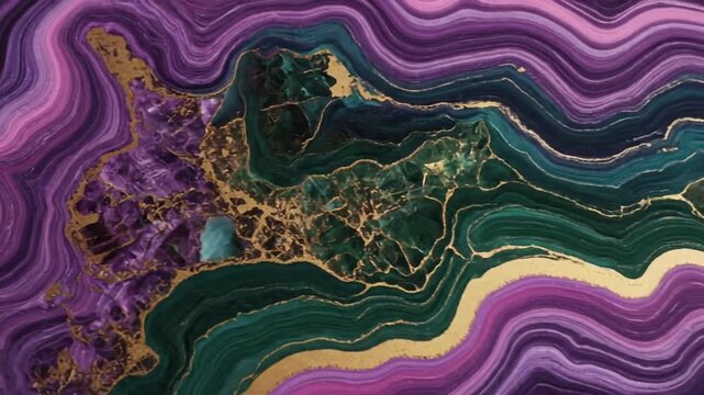 Abstract Purple and Green Liquid Marble Animation with Gold Veins.