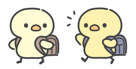 ランドセルや通学かばんを背負って登下校するひよこの手書きイラスト © Nitomaru