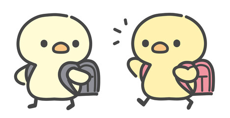 赤いランドセルと黒いランドセルを背負って登下校するひよこの手書きイラスト © Nitomaru