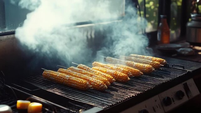 Several ears of fresh corn roasting on a grill.