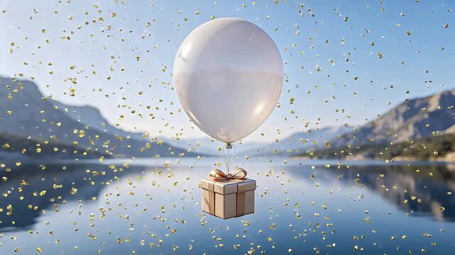 White balloon with gift box floating above mountain lake