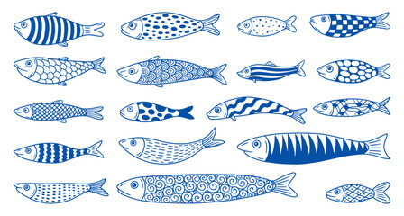 Hand drawn sardines. Doodle sardines, anchovies mackerel tuna salmon. Sketch abstract fish, decorative sea characters for stickers, decor, neoteric vector clipart © MicroOne