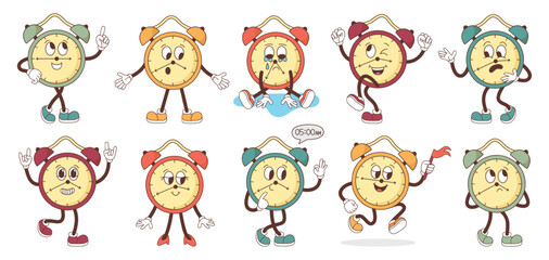 Groovy alarm clocks. Funny vintage clock characters various poses and emotions. Comic retro watches. Cute trendy cartoon elements for stickers, posters, neoteric vector set