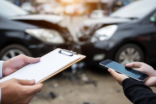 Car accident damage documentation. Traffic crash scene on road. Vehicle collision aftermath recording. Insurance claim reporting process. Drivers exchanging accident information.