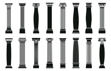 Obraz premium Black column. Antique stone columns, greek roman ancient pillars cut silhouettes. Classic mediterranean architecture elements, colonnade, facade decoration, sapid vector set