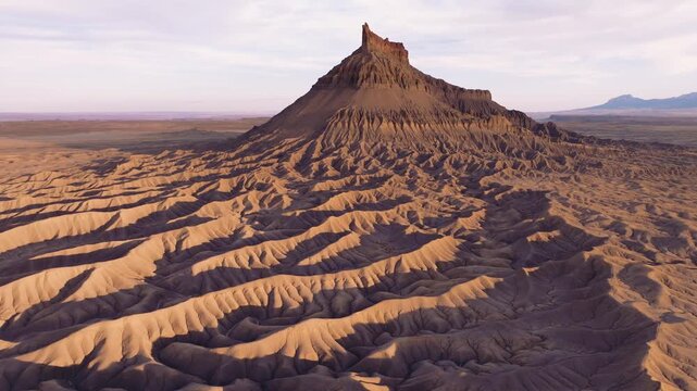 Aerial view of Factory Butte's layered rock and shadow contrasts vividly against the desert floor, creating a stunning textured landscape, Hanksville, Utah, United States.