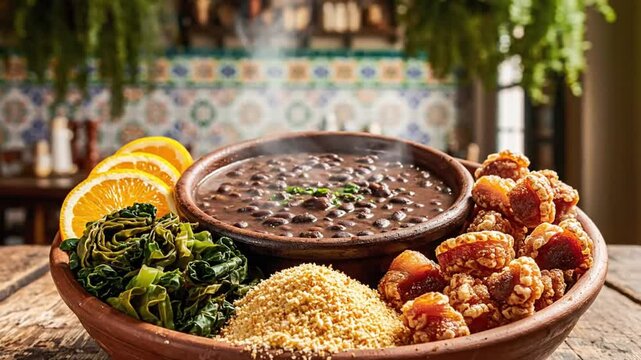Delicious Brazilian Feijoada Feast: A Culinary Delight with Black Beans, Cracklings, and Kale