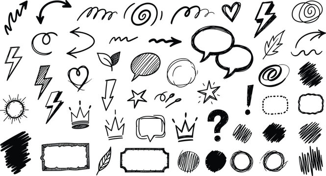 Simple black and white illustration of sun lightning scribbles and shapes