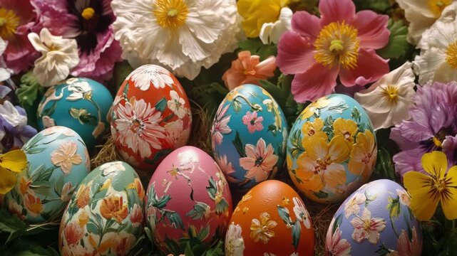 Vibrant and festive Easter eggs adorned with floral patterns.