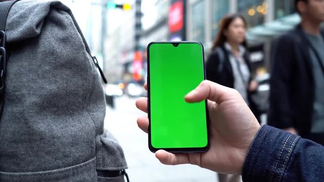 A person holding a smartphone with a green screen display on a city street.