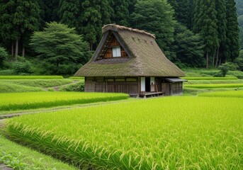 Obraz premium Traditional thatched-roof house nestled within lush green rice fields.