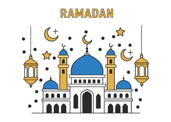 Obraz premium Ramadan Mosque Illustration Flat Vector Islamic Night Sky with Lantern and Crescent Peaceful Spiritual Poster Design
