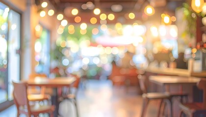 Out-of-focus cafe interior with warm lighting & bokeh effect