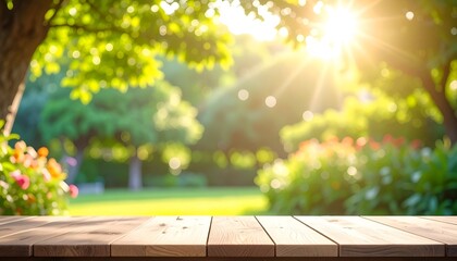 A sun-drenched garden scene, with a wooden table in the foreground