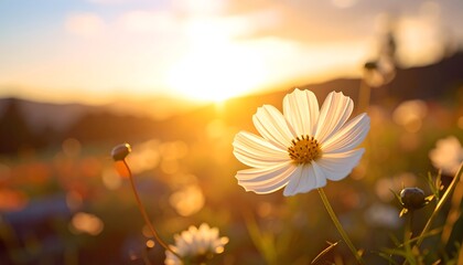 White daisy bathed in golden sunset, soft focus foreground, blurred background