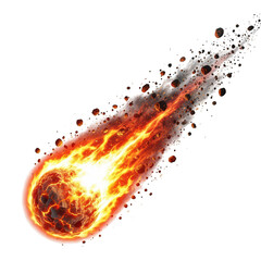 Fiery meteor burning through atmosphere on transparent background
