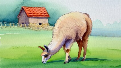 Naklejka premium Watercolor Painting of a Llama Grazing Near a Barn