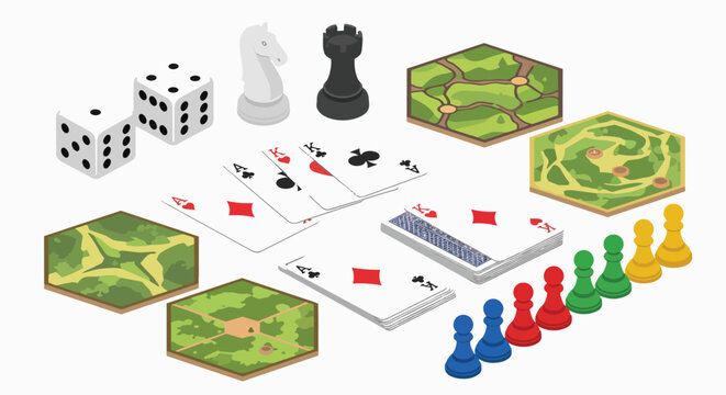 Isometric board game card game components collection dice cards chess pawns tiles strategy hobby vector