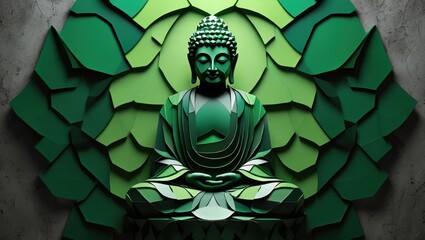 Serene Buddha Statue in Green Abstract Background