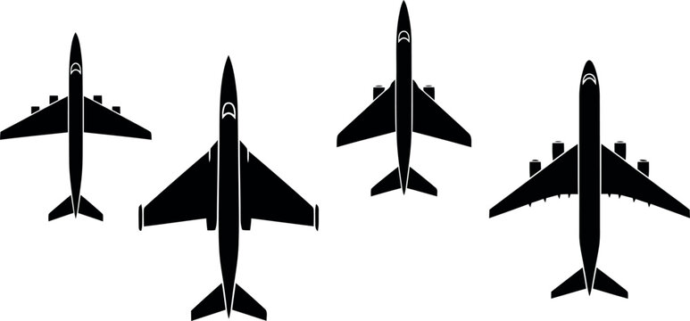 Silhouettes of various military aircraft including jets on transparent background