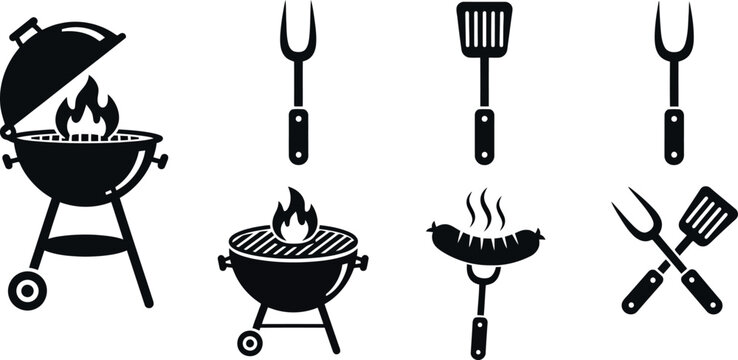 Black silhouette icons of barbecues grilling tools and food on transparent background