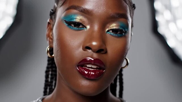 Close-up of a young woman with striking teal and gold eye makeup.