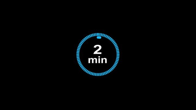 2 minute circle clock icon animation, circular arrow with 2 minute text animation. Digital and analog clock 2 minutes reminder 4k video motion graphic.