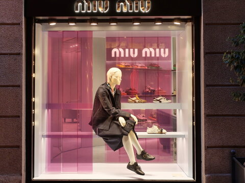 Miu Miu shop in fashion district of Milan, Lombardy, Italy