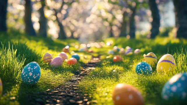 A beautiful collection of colorful Easter eggs along a dirt path with grass and trees in the background.