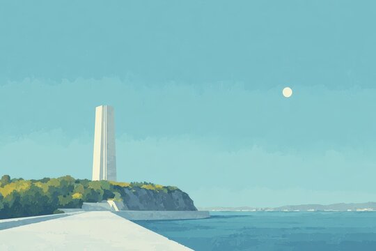 A painting of a lighthouse on the water