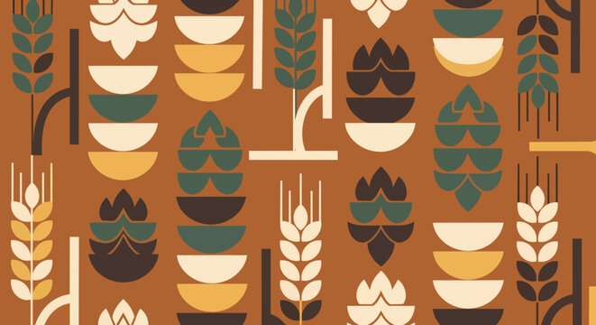 Stylized geometric brewing pattern featuring hops wheat and grains Beer Craft Brewery Abstract Organic Autumn Terracotta