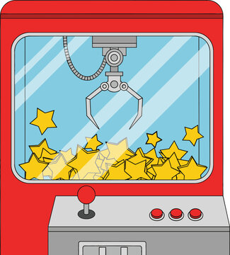 Red vintage arcade claw machine vector illustration filled with golden prize stars representing success, winning strategy, luck, reward, game, and gambling concept.