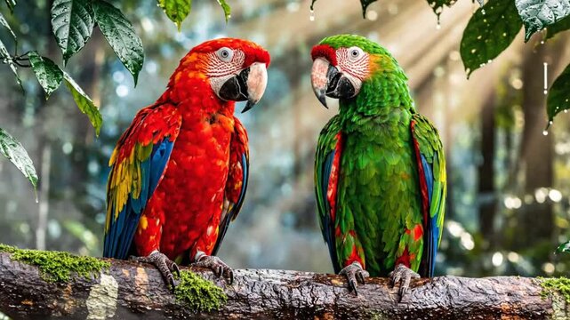 Two colorful macaws perched on a mossy branch in a lush, vibrant rainforest environment, looking at each other, with sunshine filtering through the leaves