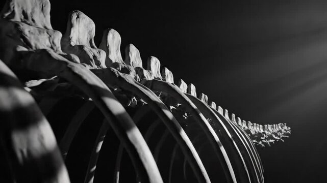 Low angle view of a dinosaur skeleton with dramatic lighting, evoking prehistoric times and natural history
