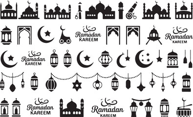 Large Collage of Islamic Ramadan Icons Mosques Lanterns Arches Moons Stars and Greetings minaret dome