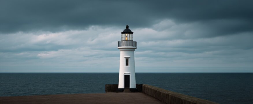 Majestic lighthouse rises prominently beneath a dramatic cloudy sky along the rugged coast