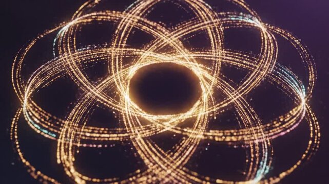 Abstract golden glowing circles creating a complex geometric pattern on a dark background