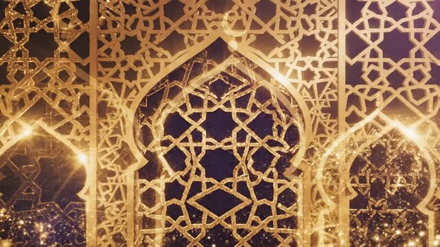 Radiant golden mosques with intricate geometric patterns, celebrating Islamic traditions