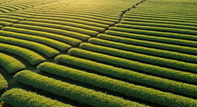 High-angle view of terraced tea plantation. Lush green rows, curving gently. Sunlight highlights the rows