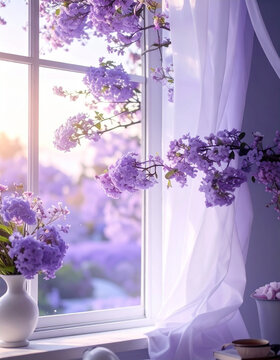 A view from the window onto a blooming lilac garden. A vase of flowers, sheer curtains, and a book sit on the windowsill. A delicate purple palette, a spring morning, soft light. An atmospheric photo,