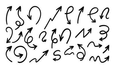 Hand drawn arrows vector set. Sketch doodle pointer collection. Grunge brush stroke design bundle. Vector illustration isolated on white background.