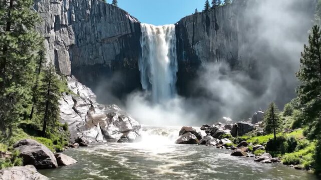Powerful waterfall cascades down a majestic y cliff into a flowing river