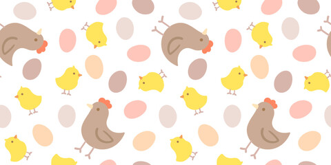 seamless chicken pattern with cute chicks and colorful eggs in pastel colors for farm products nursery decor wrapping paper © pani_Nadichka