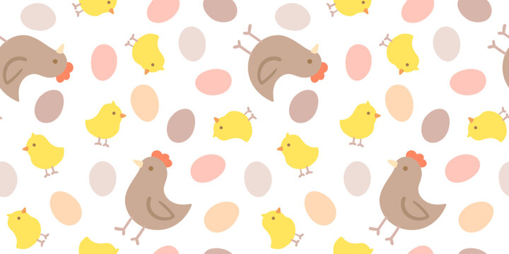 seamless chicken pattern with cute chicks and colorful eggs in pastel colors for farm products nursery decor wrapping paper