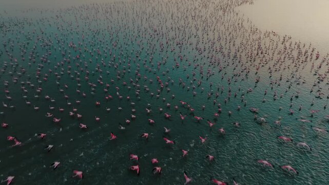 Aerial view of countless flamingos wading through shallow turquoise water, their pink plumage contrasting against the blue, Sambhar, Rajasthan, India.