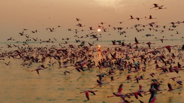 Aerial view of a large flock of flamingos in flight over water, their pink plumage contrasting with the golden sunset, Sambhar, Rajasthan, India.