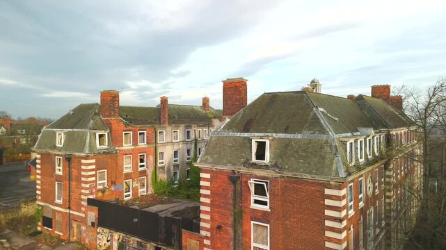 Westgate Road Angel Heights nurses building demolition renovation works. Drone point of view on quiet morning